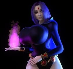 1girls alternate_breast_size big_breasts bodysuit breasts cambion cape clothed clothed_female dc_comics female female_only grey_body grey_skin grey_skinned_female huge_breasts large_breasts magic purple_bodysuit purple_cape purple_hair purple_hair_female rachel_roth raven_(dc) skin_tight solo solo_female teen_titans upper_body using_magic vaako