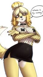 2025 5_fingers 9:16 animal_crossing anthro artist_name black_bottomwear black_clothing black_skirt blonde_hair bottomwear breasts brown_eyes camel_toe canid canine canis claws clothing countershade_torso countershading crossed_arms dialogue digital_media_(artwork) domestic_dog ear_piercing ear_ring english_text female finger_claws fingers fishnet_clothing fishnet_topwear front_view fur genital_outline hair hi_res isabelle_(animal_crossing) looking_at_viewer low-angle_view mammal nintendo nipple_tape panties pasties piercing pizhma pussy_outline ring_piercing shih_tzu signature simple_background skirt solo speech_bubble standing tail talking_to_viewer tape teeth text topwear toy_dog underwear white_background yellow_body yellow_fur yellow_tail