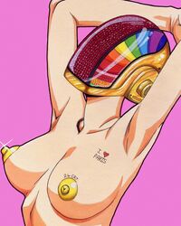 areola big_breasts breasts daft_punk erect_nipples gold golden_nipples guy-manuel_de_homem-christo helmet nipples pink_background pose shine simple_background tattoo