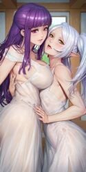 2girls armpits ass asymmetrical_docking bent_arm big_breasts breasts elf elf_ears elf_female elf_girl fat_ass female female_only fern_(sousou_no_frieren) frieren green_eyes hips hips_grab hugging hugging_each_other hugging_partner hugging_waist large_breasts long_hair multiple_girls neoartcore nipples nude open_mouth pointy_ears purple_eyes purple_hair sexy_armpits sexy_body sexy_pose small_breasts sousou_no_frieren stroking thigh_highs thighhighs thighs tiny_waist tounge_out twintails white_dress white_hair yuri