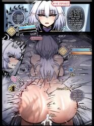 anus ass ass_ripple breasts cum cum_in_pussy cum_on_ass cum_on_body dark-skinned_male dark_skin doggy_style english_commentary english_text fate/grand_order fate_(series) female gameplay_mechanics grey_hair health_bar highres interracial kinkylingky large_breasts long_hair merlin_(fate) merlin_(fate/prototype) pointy_ears pov pussy red_eyes rolling_eyes sex sex_from_behind solo_focus spanked vaginal_penetration very_dark_skin