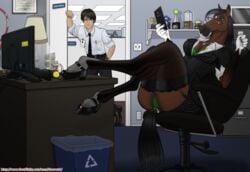 1boy 1girls bangs black_hair bra breasts cleavage dr_nowak equine fat_mons female furry garter glasses green_bra green_panties heels hooves horse human legs_up male medium_breasts megane necklace panties pointy_ears sitting smile stockings tail tail_ring