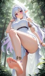 barefoot dress elf elf_ears feet feet_up female forest forest_background looking_at_viewer mage nature original original_character outdoors panties purple_eyes purple_panties soles standing thighs underwear viewed_from_below white_dress white_hair