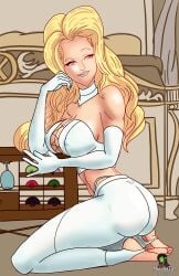 blonde_female blonde_hair blue_eyes breasts cleavage emma_frost female female_only hellfire_club kneeling large_breasts marvel marvel_comics shaowarts white_queen x-men