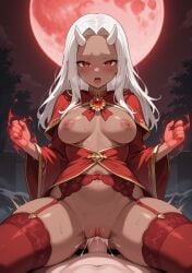 ai_generated blood_moon calamitas calamity_mod cum cum_in_pussy cum_inside ejaculating_cum ejaculation ejaculation_while_penetrated freckles freckles_on_face garter_belt garter_straps hiddenashes horns magic moon moonlight night_sky orgasm red_eyes robe stockings terraria white_hair white_horns