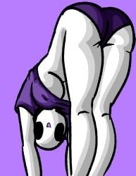 ass bald bald_female bending_down black_eyes breasts chetoh claire_(chetoh) egg female female_focus female_only looking_at_viewer no_pants oc original original_character panties purple_background purple_shirt rear_view shirt smile smiling stretching suggestive suggestive_pose underboob white_body