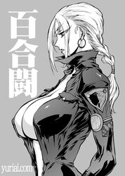 breasts earrings female large_breasts monochrome namco nina_williams ponytail sideboob solo tekken tied_hair yuri-ai