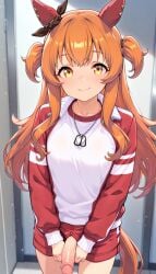 1futa ai_generated animal_ears artist_request big_penis erection erection_under_clothes futanari horse_ears horse_girl horse_tail large_penis looking_at_viewer mayano_top_gun_(umamusume) orange_eyes orange_hair pênis smile smirk smirking umamusume umamusume_pretty_derby