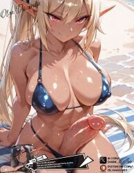 abs ai_assisted ai_generated beach bikini blonde_female blonde_hair blonde_hair blonde_hair_female chloe dark-skinned_female dark_elf dark_skin ear elf elf_ears elf_female elf_futanari elf_girl female female_focus female_only futanari high_quality high_resolution highres kuroinu_~kedakaki_seijo_wa_hakudaku_ni_somaru~ large_breasts nipple_bulge nipples nipples_visible_through_clothing olgaaiart pointy_ears red_eyes sea seaside self_upload swimsuit tomboy tsurime