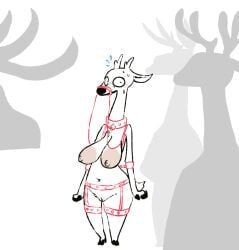 2025 2_horns ambiguous_gender anthro antlers areola arms_tied bell bell_collar big_areola big_breasts big_eyes black_line_art blush blush_lines bodily_fluids bound breasts bridle chest_tuft collar cuff_(restraint) deer digital_drawing_(artwork) digital_media_(artwork) female fingers flying_sweatdrops full-length_portrait fur garter_belt garter_straps genitals group horn humanoid_genitalia humanoid_pussy inner_ear_fluff jingle_bell jingle_bell_collar long_neck looking_at_viewer mammal mature_anthro mature_female mostly_nude navel nipples pack_street portrait pussy red_collar restraints scut_tail short_tail silhouette simple_background slightly_chubby snout solo_focus standing sweat sweatdrop tail the_weaver tuft velvet_roe_(weaver) white_background wide_hips