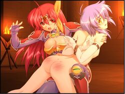 2girls armor ass breasts clothed_female_nude_female clothing female game_cg ikazuchi_no_senshi_raidy ikazuchi_no_senshi_raidy_ii multiple_girls nude raidy red_eyes red_hair reel_(lightning_warrior_raidy_ii) small_breasts spanked spanking yuri