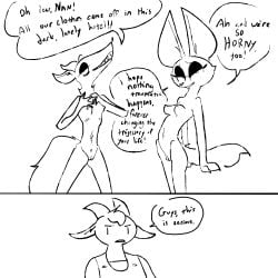 2024 2_horns 2_panel_comic ambiguous_gender anthro bedroom_eyes big_eyes black_and_white black_line_art bovid breasts canid canine canis caprine clenched_teeth clothed clothing coyote dialogue digital_media_(artwork) emaciated english_text eyebrows eyelashes female female/ambiguous fennec_fox fingers fox fur genitals goat group horn innie_pussy innuendo looking_at_viewer male_(lore) mammal medium_breasts monochrome mtf_crossgender nan_(nq) nan_quest narrowed_eyes navel nipples nude open_mouth open_smile pablo_(nq) pussy rule_63 santiago_(nq) seductive sharp_teeth simple_background skinny slim smile snout speech_bubble standing tail teeth text the_weaver topwear trio true_fox white_background