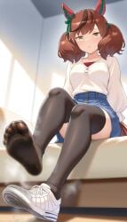 1female 1girls ai_generated animal_ears artist_request braid brown_eyes brown_hair dirty_feet feet feet_focus female female_focus female_only foot_fetish foot_focus footwear horse_ears horse_girl horse_tail milf mommy nice_nature_(umamusume) sitting smell smelly_feet socks soles soles_of_feet_in_socks solo spreading steam straight thighhighs toes umamusume umamusume_pretty_derby