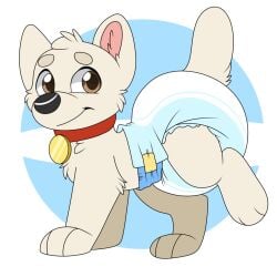 artist_request bolt_(character) bolt_(film) diaper disney feral hiked_leg looking_at_viewer potty_training raised_leg raised_leg_pee raised_tail smiling