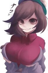 1girls breast_lift breasts brown_eyes brown_hair female game_freak gloria_(pokemon) hat large_breasts lifting_own_breasts looking_at_viewer naxless nintendo open_sweater pokemon pokemon_ss short_hair simple_background solo solo_female solo_focus tam_o'_shanter translation_request white_background
