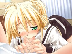 blonde_hair blush fellatio female game_cg green_eyes hair liliana_lun_lun_guenther long_hair oral penis princess_waltz school_uniform serafuku takeya_masami uncensored very_long_hair