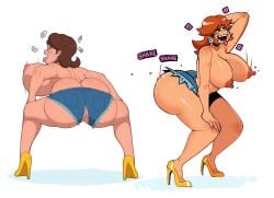 ahe_gao ass ass_clapping ass_cleavage ass_focus ass_shake big_ass big_breasts big_butt breasts bubble_butt butt_crack clapping_cheeks edit high_heels jean_shorts mario_(series) nintendo princess_daisy short_shorts shorts thegreyzen thehornyzen thick thick_ass tongue tongue_out topless truewaifu twerking