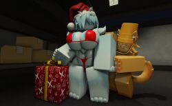 ambiguous_gender annoyed annoyed_expression anthro bikini bikini_bottom bikini_top catte_(kaiju_paradise) christmas_gift female furry ghost_fox_(kaiju_paradise) hat kaiju_paradise ravenuwu roblox santa_hat self_upload