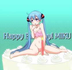 blue_eyes blue_hair bottomless candle female happy_birthday hatsune_miku kuroku long_hair open_mouth pussy see-through sitting solo tied_hair twintails very_long_hair vocaloid wariza