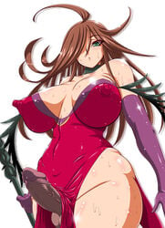 1futa breasts brown_hair bursting_breasts cleavage dress dress_lift elbow_gloves erect_nipples futa_only futanari hair_over_one_eye huge_breasts intersex large_breasts long_gloves long_hair long_nipples nipples no_bra no_panties nyx_(queen's_blade) penis queen's_blade rod solo sweat testicles thick_thighs uncensored veiny_penis