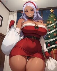 ai_generated bare_thighs christmas christmas_outfit dark-skinned_female dark_skin elf elf-san_wa_yaserarenai elf_ears elf_female eroero_waifus gigantic_breasts hairband huge_breasts huge_thighs kuroeda long_hair looking_down low-angle_view massive_breasts panties pantyhose purple_eyes purple_hair smiling solo_female squatting sweat sweatdrop thick_body thick_female thick_thighs thighs thighs_bigger_than_head voluptuous voluptuous_female