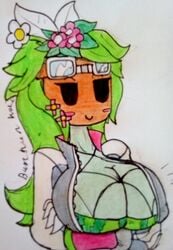 arms_crossed big_breasts blaster_master blaster_master_zero blaster_master_zero_2 bodysuit color dinoprimal eyes_half_open female flower flower_pot green_hair green_skin hand_drawn kanna_(blaster_master) large_breasts mob_face motion_lines plant_girl plantie signature smug solo unzipped_bodysuit watermelon_bra watermelon_nets