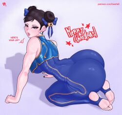 1girls 2024 all_fours artist_name ass back bare_shoulders beetlefi/414 bell black_nails blue_bodysuit blue_ribbon blue_vest bodysuit breasts brown_hair capcom chun-li clenched_teeth commentary cropped_legs curvy double_bun earrings english_commentary eyeshadow feet female female_focus from_behind grey_background hair_bun hair_ribbon half-closed_eyes highres huge_ass jewelry large_breasts looking_at_viewer makeup merry_christmas official_alternate_costume outline purple_eyes purple_eyeshadow ribbon seductive_gaze sideboob simple_background soles solo stirrup_footwear street_fighter street_fighter_zero_(series) teeth thick_thighs thighs toles underboob updo vest wide_hips yellow_outline yellow_trim