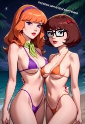 2girls 2woman adult ai ai_art ai_generated beach big_breasts bikini bikini_bottom bikini_top black_eyes breasts brown_hair brown_hair_female cartoon cartoon_network curvaceous daphne_blake elsacorinthiana exposed_midriff exposed_shoulders exposed_torso female female_only glass hentai hourglass_figure lesbian_couple light-skinned_female light_skin looking_at_viewer medium_breasts midriff nature navel night orange_bikini orange_bikini_bottom orange_bikini_top orange_hair orange_hair_female partially_clothed partially_clothed_female patreon patreon_link patreon_url purple_bikini purple_bikini_bottom purple_bikini_top scooby-doo scooby-doo_(series) sea_background semi-naked semi-nude semi_nude shoulders skinny solo standing standing_position velma_dinkley yuri