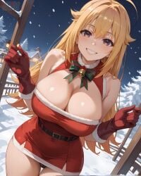 ai_generated bare_thighs blonde_hair christmas christmas_outfit eroero_waifus gigantic_breasts huge_breasts huge_thighs koshi_torako light-skinned_female light_skin long_hair looking_at_viewer massive_breasts purple_eyes shikanoko_nokonoko_koshitantan smiling solo_female squatting sweat sweatdrop thick_body thick_female thick_thighs thighs voluptuous voluptuous_female