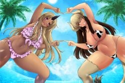 2girls :d animal_print arm_up armpits beach bikini black_hair blonde_hair breasts cow_girl cow_print cow_tail cowboy_shot dark-skinned_female dark_skin eye_contact female_focus fusion_dance grin horns huge_breasts lindaroze long_hair looking_at_another mil_(monster_musume) monster_girl monster_musume_no_iru_nichijou multiple_girls nature navel one_eye_closed open_mouth orange_eyes outdoors palm_tree pointy_ears red_eyes sky smile spread_legs swimsuit tail thick_thighs thighs tionishia tree water wink