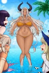 12_beast 4girls aero_(12_beast) animal_ears asterio bikini blonde_hair blush breasts cow_girl cow_tail dark-skinned_female dark_skin fusion fusion_dance horns huge_breasts lindaroze long_hair manako monster_girl monster_musume_no_iru_nichijou multiple_girls pointy_ears saane_(monster_musume) swimsuit tail