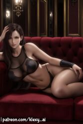 ai_generated alternate_version_available belly_button black_hair blush bra bracelet bracelets brown_hair female female_only final_fantasy final_fantasy_vii hand_on_ass hand_on_head hourglass_figure klexyai laying_down laying_on_couch laying_on_side long_hair looking_at_viewer panties patreon patreon_username see-through see-through_clothes see-through_clothing sfw sfw_version smile smiling smiling_at_viewer solo solo_female tifa_lockhart