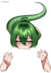 2girls absurdres arknights arknights:_endfield artist_name blank_censor censored cunnilingus fluorite_(arknights) fluorite_(arknights:_endfield) green_eyes green_hair hair_ornament highres looking_at_viewer meme multiple_girls negative_space negative_space_cunnilingus_(meme) oral ponytail snake_girl snake_tail tail torusava white_background