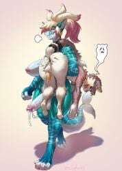 4_toes 5_fingers after_anal after_sex anthro aquatic ass backsack balls big_penis biped blush bodily_fluids breasts breath carrying_another carrying_partner claws closed_eyes cum cum_from_ass cum_in_ass cum_inside cum_on_butt cum_string digital_media_(artwork) digitigrade duo ear_piercing ear_ring erection eyelashes facial_piercing feet felid feline female fin fingers fish flaccid flynn_doral fur genital_fluids genitals glans gynomorph gynomorph/male hair hi_res humanoid_genitalia humanoid_penis intersex intersex/male larger_gynomorph larger_intersex lip_piercing looking_pleasured male mammal multicolored_body multicolored_fur multicolored_hair muscular muscular_anthro muscular_gynomorph muscular_intersex non-mammal_balls non-mammal_breasts notched_fin nude orange_stripes penis piercing pink_hair ring_piercing shaded shark sharp_teeth signature simple_background size_difference smaller_male spiderbite_piercing standing stripes tail tail_fin teal_body teal_skin teeth toes two_tone_hair walking white_balls white_body white_claws white_penis white_skin white_stripes zeighous