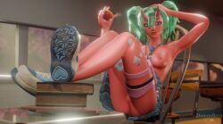 3d breasts classroom dashyarts demon demon_horns fortnite fortnite:_battle_royale green_hair horns looking_at_viewer nemia_(fortnite) nipples pussy red_skin skirt twintails