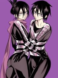 1boy ass ass_focus black_bodysuit black_hair bodysuit doppelganger femboy grabbing_own_ass highres makeup male male_focus male_only one-punch_man pale_skin purple_eyes scarf short_hair simple_background solo solo_male speed-o'-sound_sonic sweat tight_bodysuit trap twink upscaled yoku_(chocolateq)