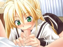 adjusting_hair blonde_hair blush fellatio female game_cg green_eyes liliana_lun_lun_guenther long_hair male oral penis princess_waltz school_uniform serafuku sex straight takeya_masami uncensored very_long_hair