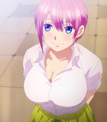 blue_eyes blush breasts breasts busty busty_female go-toubun_no_hanayome nakano_ichika pink_hair white_shirt