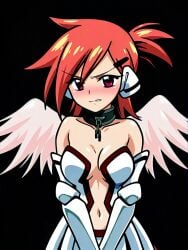 ai_generated bare_shoulders blush cleavage cosplay elbow_gloves female female foster's_home_for_imaginary_friends frankie_foster ikaros ikaros_(cosplay) medium_breasts navel plunging_neckline ponytail red_hair short_hair solo sora_no_otoshimono three-quarter_portrait tsundere wings zorkpics