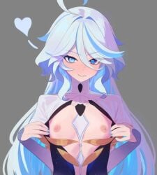 1girls ahoge anonds31 blue_eyes blue_hair blush breasts female female_focus female_only flashing flat_chest flat_chested focalors_(genshin_impact) furina_(genshin_impact) genshin_impact long_hair looking_at_viewer mihoyo nipples presenting presenting_breasts showing_off smile teasing two-tone_hair undressing very_long_hair white_hair