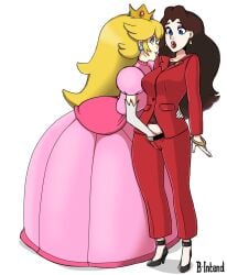 b-intend blonde_hair brown_hair fingering fingering_partner fully_clothed hand_down_pants mario_(series) nintendo pale_skin pauline pink_dress ponytail princess_peach red_suit turned_on yuri