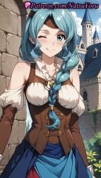 1girls ;p ;q ai_generated anime anime_style aqua_eyes aqua_hair bare_shoulders blue_eyes blue_hair blue_skirt blue_sky blush braid braided_ponytail breasts brick_wall bust busty castle closed_mouth clothing_cutout cloud collarbone corset cowboy_shot day detached_sleeves female female_focus female_only gloves hair_over_shoulder headband hentai long_hair long_sleeves looking_at_viewer medium_breasts natsuyoru non-asian one_eye_closed outdoors puffy_sleeves red_skirt shirt shoulder_cutout single_braid skirt sky smile solo solo_female standing tate_no_yuusha_no_nariagari the_rising_of_the_shield_hero therese_alexanderite tongue tongue_out voluptuous voluptuous_female