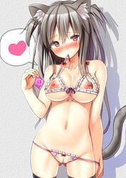 alexmaster animal_ears blush bra breasts cat_ears cat_tail condom female grey_hair heart heart-shaped_pupils highres long_hair navel nipples original panties panty_pull pussy red_eyes solo strap_pull symbol-shaped_pupils tail underwear