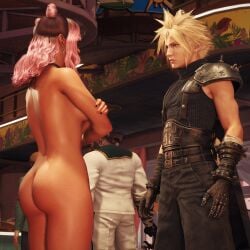 3d ass barret_wallace black_hair choker clothed_male_nude_female cloud_strife dark-skinned_female dark_skin final_fantasy_vii_rebirth game_mod game_screenshot irastris mod nude nude_female nude_mod paid_reward_available pink_hair public_nudity regina_konigin