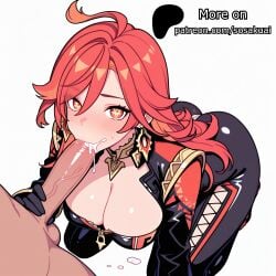 2025 above_view ahoge ai_art ai_generated black_clothing black_gloves blowjob bodysuit cleavage clothed clothed_female clothed_sex clothes clothing cum cum_in_mouth earrings fellatio from_above genshin_impact gloves hoyoverse kneeling large_breasts leather leather_clothing leather_jacket leather_suit long_hair looking_at_viewer masturbating_during_fellatio mavuika_(genshin_impact) patreon patreon_url patreon_username red_eyes red_hair red_hair redhead_female simple_background simple_shading sosakuai symbol-shaped_pupils