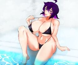 ass big_breasts bikini black_bikini breasts breasts_bigger_than_head colored_inner_hair feet female female_only full_body heterochromia light-skinned_female light_skin looking_at_viewer navel pool poolside purple_eyes purple_hair smile smile_at_viewer solo solo_female thick_thighs thighs two_tone_hair water yaskha41_(artist) zeni_(zenikitsu)