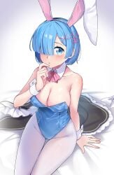 arusuko bare_arms bare_shoulders bed bed_sheet big_breasts blue_eyes blue_hair blue_leotard blush body_blush breasts bunny_ears bunnysuit cleavage collarbone detached_collar hair_ornament hair_over_one_eye hair_ribbon highleg_leotard leotard pantyhose parted_lips re:zero_kara_hajimeru_isekai_seikatsu rem_(re:zero) shiny_skin short_hair sitting strapless_leotard thighs wrist_cuffs