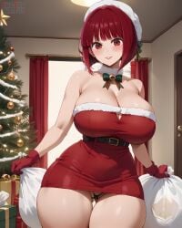 ai_generated arima_kana bare_thighs christmas christmas_outfit eroero_waifus gigantic_breasts huge_breasts huge_thighs light-skinned_female light_skin looking_at_viewer massive_breasts oshi_no_ko panties pantyhose red_eyes red_hair short_hair shounen_jump+ smiling solo_female squatting sweat sweatdrop thick_body thick_female thick_thighs thighs voluptuous voluptuous_female