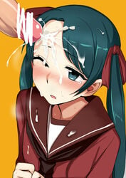 blush cum cum_on_forehead female green_eyes green_hair hair_ribbon kantai_collection kumadano long_hair mikuma_(kantai_collection) open_mouth penis ribbon steam tears tied_hair twintails wince