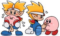 balls blonde_hair blonde_male blue_eyes blush boner erection female gloves happy_sex headband headwear humanoid kirby kirby_(series) knuckle_joe motelgore multiple_images multiple_poses nintendo penetration penis pink_body red_shoes reverse_suspended_congress size_difference straight white_background